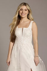 Elegant A-Line Square-Neck Sleeveless Lace-Embellished Slit-Back Glitter-Tulle Train Wedding Dress