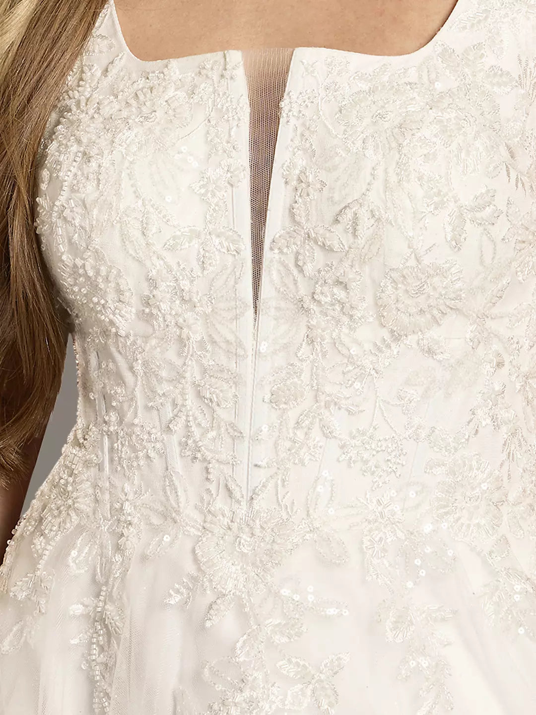 Elegant A-Line Square-Neck Sleeveless Lace-Embellished Slit-Back Glitter-Tulle Train Wedding Dress