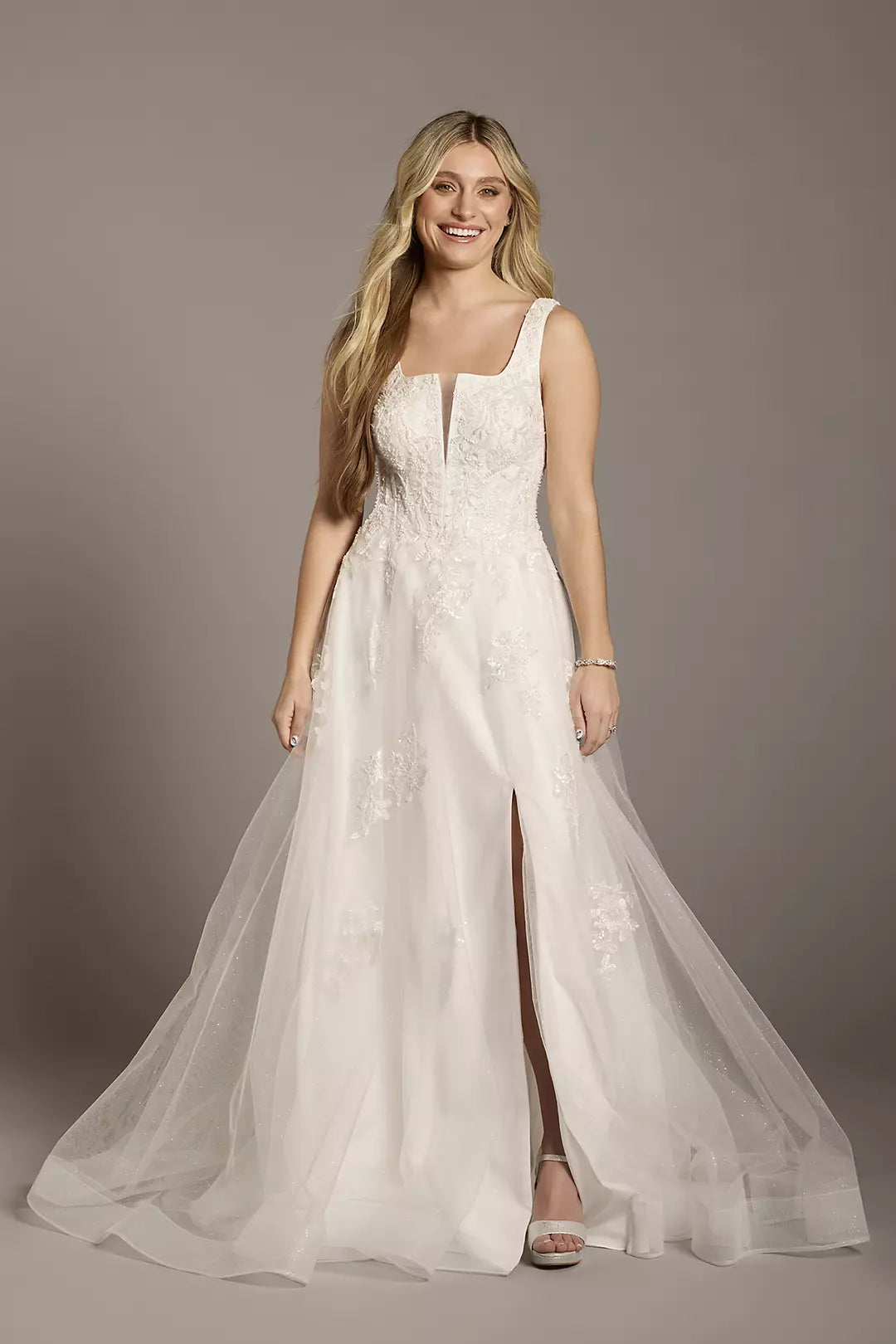 Elegant A-Line Square-Neck Sleeveless Lace-Embellished Slit-Back Glitter-Tulle Train Wedding Dress