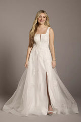 Elegant A-Line Square-Neck Sleeveless Lace-Embellished Slit-Back Glitter-Tulle Train Wedding Dress