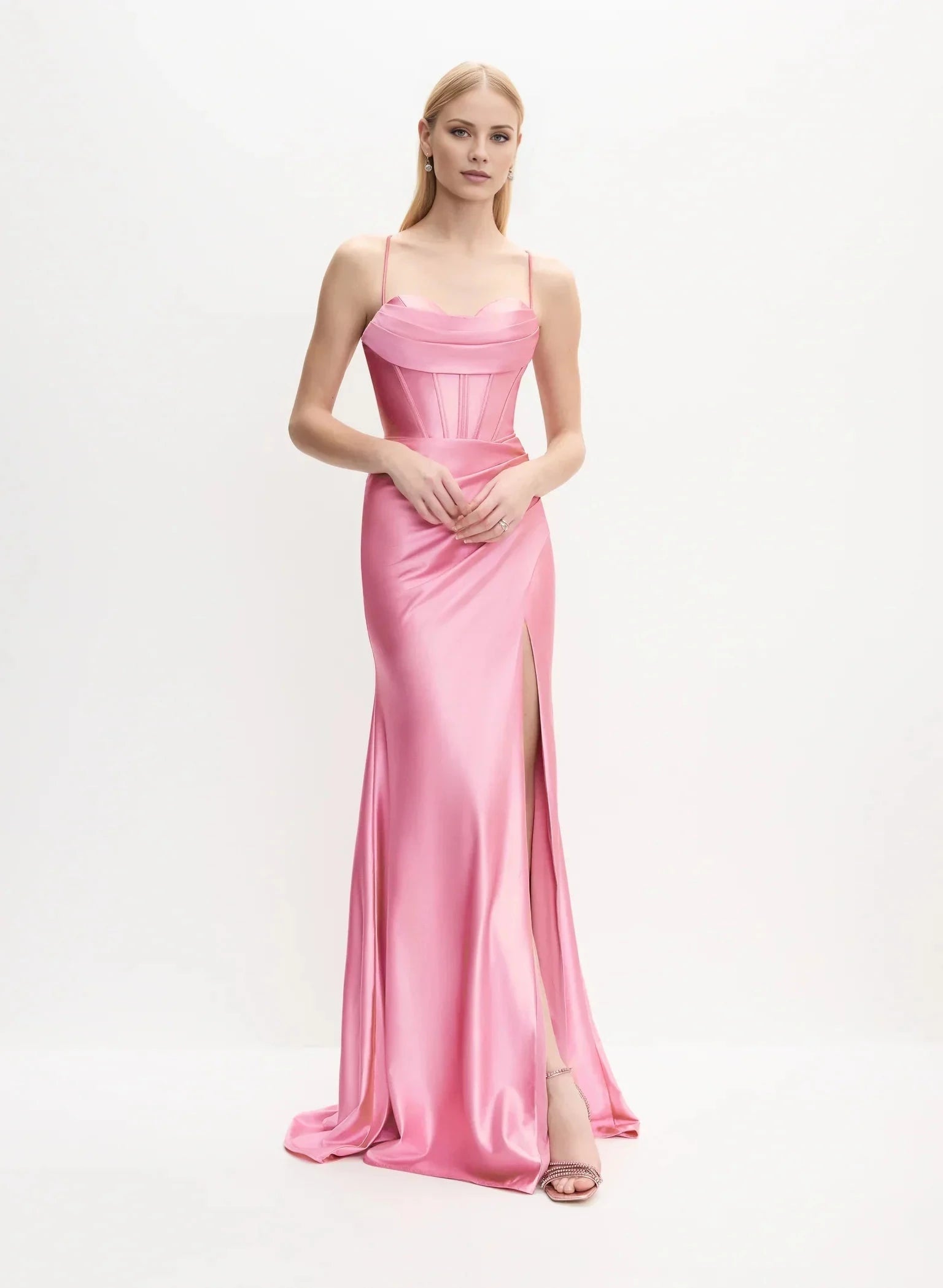 Elegant A-Line Sweetheart Neck Satin Sleeveless Spaghetti Strap Lace-Up Back Side-Slit Maxi Evening Dress by YiHuiw