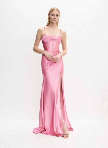 Elegant A-Line Sweetheart Neck Satin Sleeveless Spaghetti Strap Lace-Up Back Side-Slit Maxi Evening Dress by YiHuiw