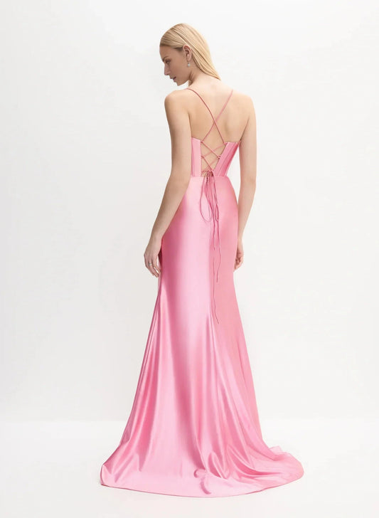 Elegant A-Line Sweetheart Neck Satin Sleeveless Spaghetti Strap Lace-Up Back Side-Slit Maxi Evening Dress by YiHuiw