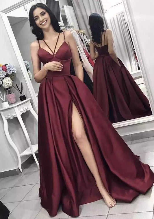 Elegant A-line/Princess V-neck sleeveless long/floor elastic satin slit pleated Prom Dresses