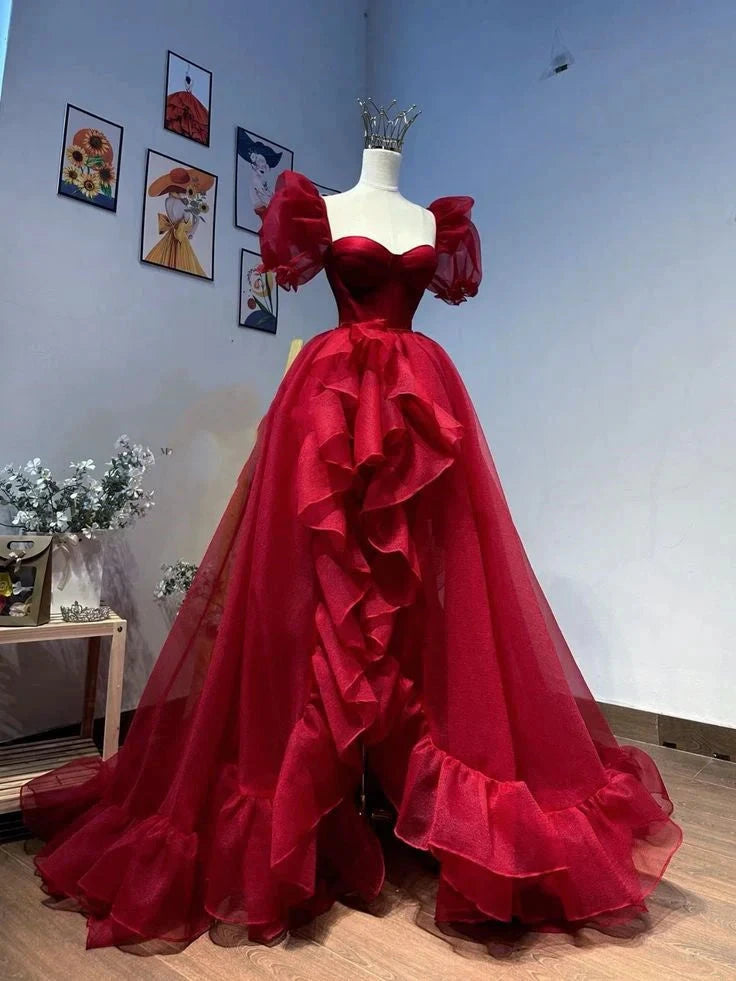 Elegant A-line Short Sleeve Long Tulle Party Dress Evening Dress Ball Gown Wedding Dress simple gentle atmospheric and unique desi Bring summer colors to enhance whiteness by YiHuiw
