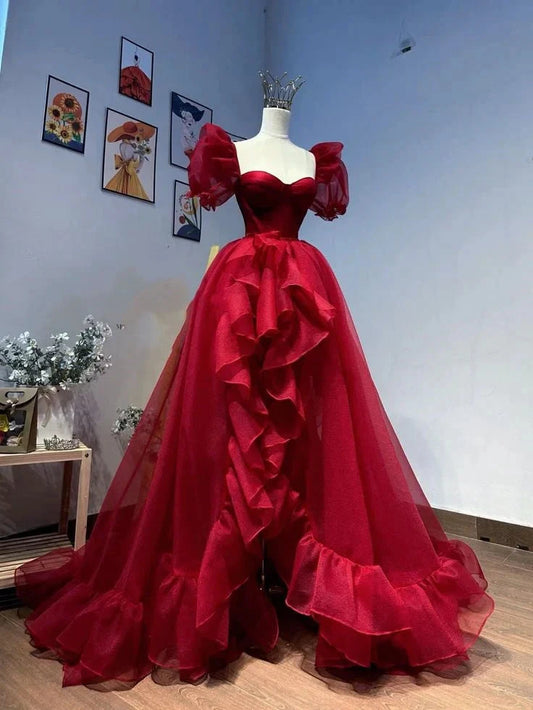 Elegant A-line Short Sleeve Long Tulle Party Dress Evening Dress Ball Gown Wedding Dress simple gentle atmospheric and unique desi Bring summer colors to enhance whiteness by YiHuiw