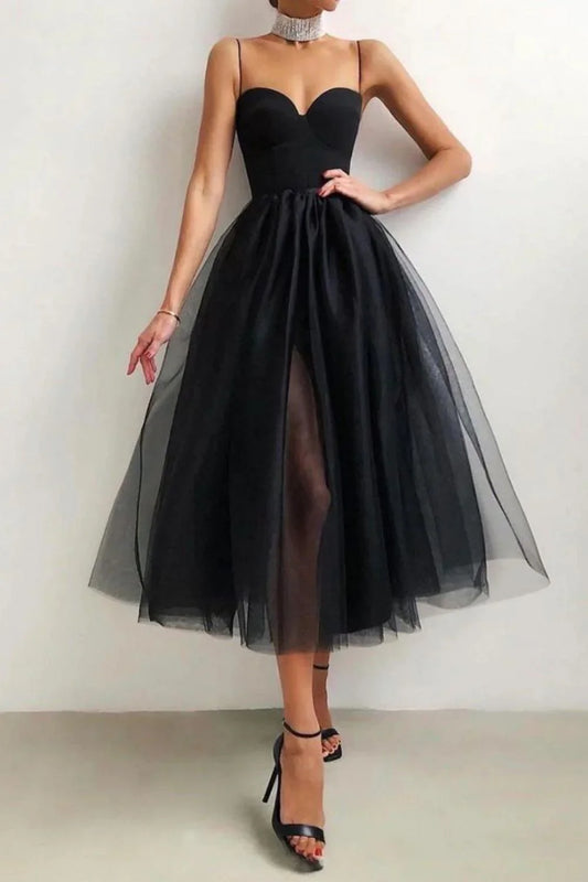 Black Strapless Tulle Homecoming Dress with High Slit – Elegant A-Line Tea Length Cocktail Dress
