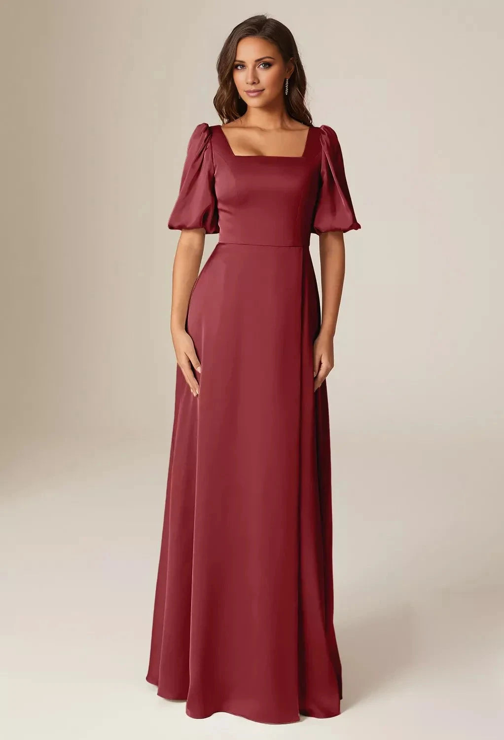 Elegant A-line Square Neckline Short Sleeves Back Zipper Floor Length Bridesmaid Dresses by YiHuiw