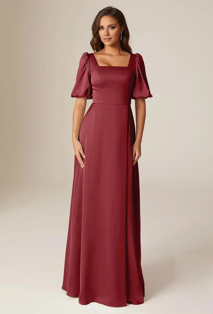 Elegant A-line Square Neckline Short Sleeves Back Zipper Floor Length Bridesmaid Dresses by YiHuiw