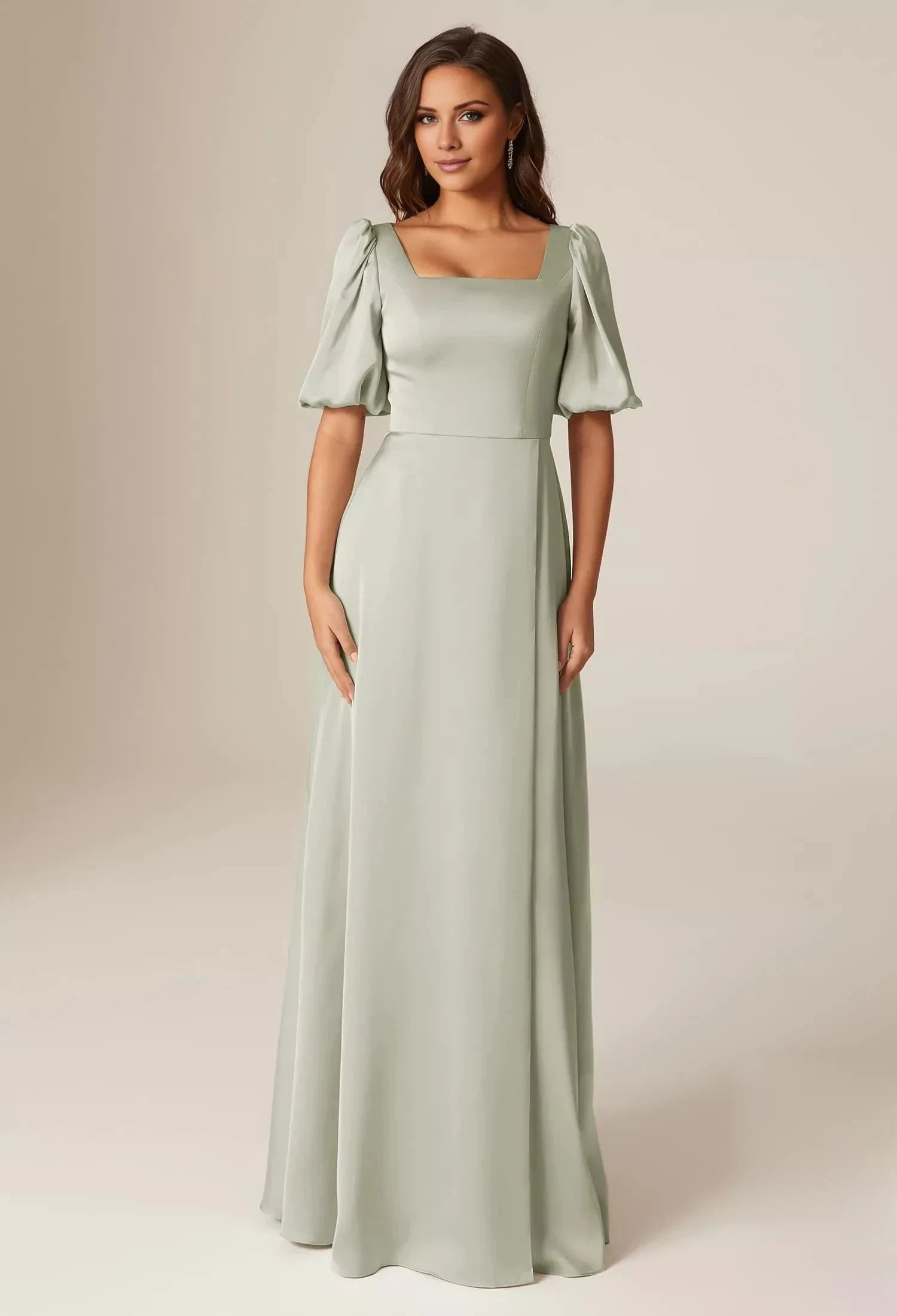 Elegant A-line Square Neckline Short Sleeves Back Zipper Floor Length Bridesmaid Dresses by YiHuiw