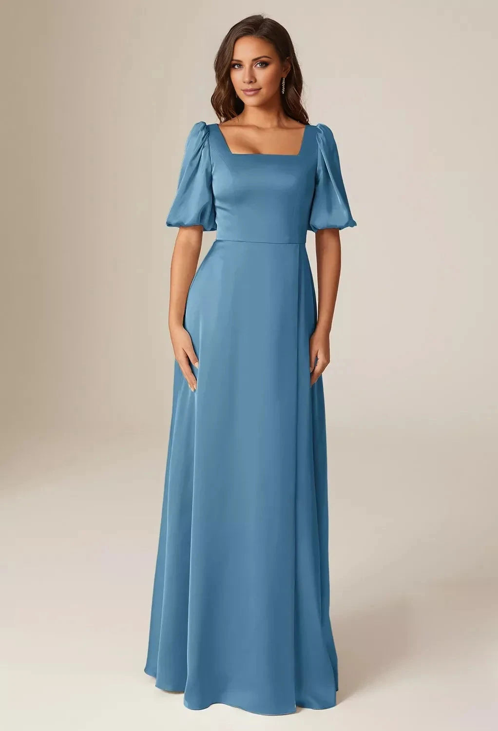Elegant A-line Square Neckline Short Sleeves Back Zipper Floor Length Bridesmaid Dresses by YiHuiw