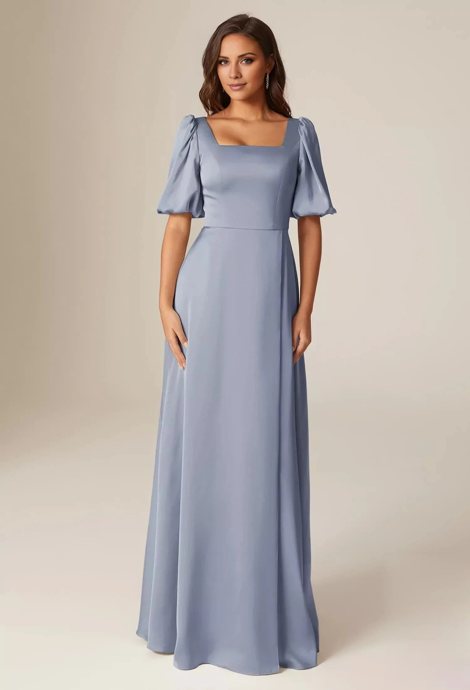 Elegant A-line Square Neckline Short Sleeves Back Zipper Floor Length Bridesmaid Dresses by YiHuiw