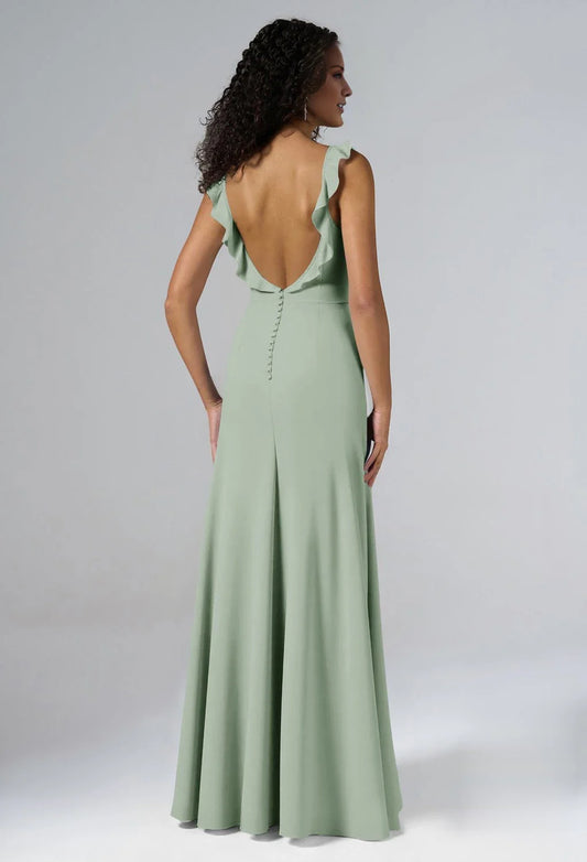 Elegant A-line V-Neck Sleeveless Back Button Side slit Floor Length Bridesmaid Dresses