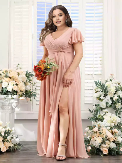 Elegantes vestidos de dama de honor oversize de gasa en línea A, con escote en V, manga corta y abertura lateral