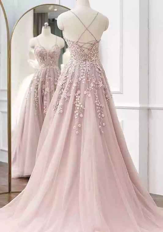 Elegant A-line V-neck thin shoulder strap with trailing chiffon applique beads Prom Dresses