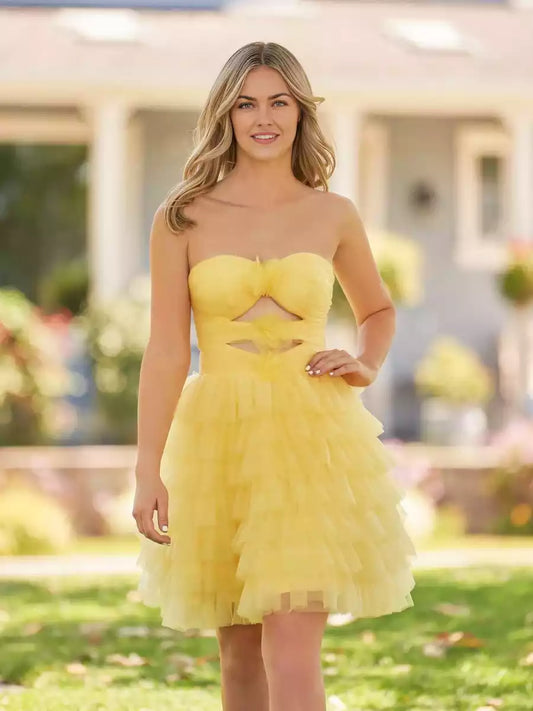 Elegant A-line chiffon short mini off shoulder collar sleeveless layered ruffle edge lace up back Homecoming Dresses