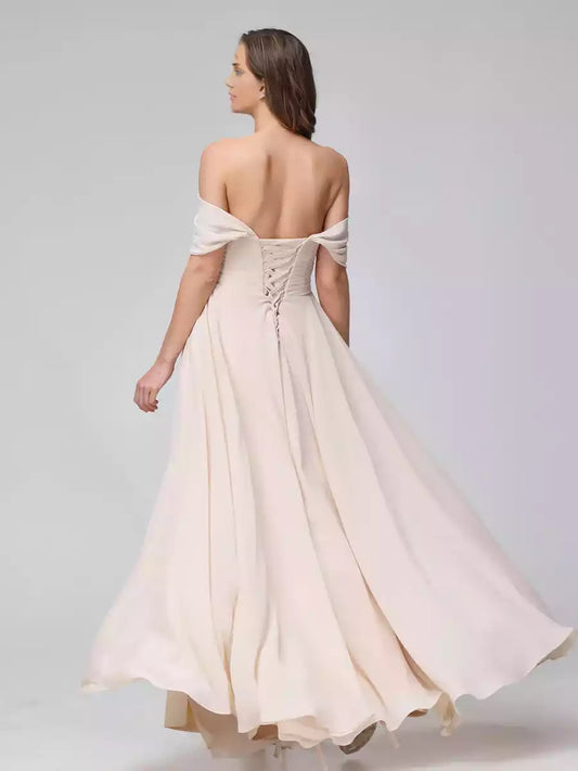 Elegant A-line off shoulder sleeveless pleated long chiffon side slit Bridesmaid Dresses