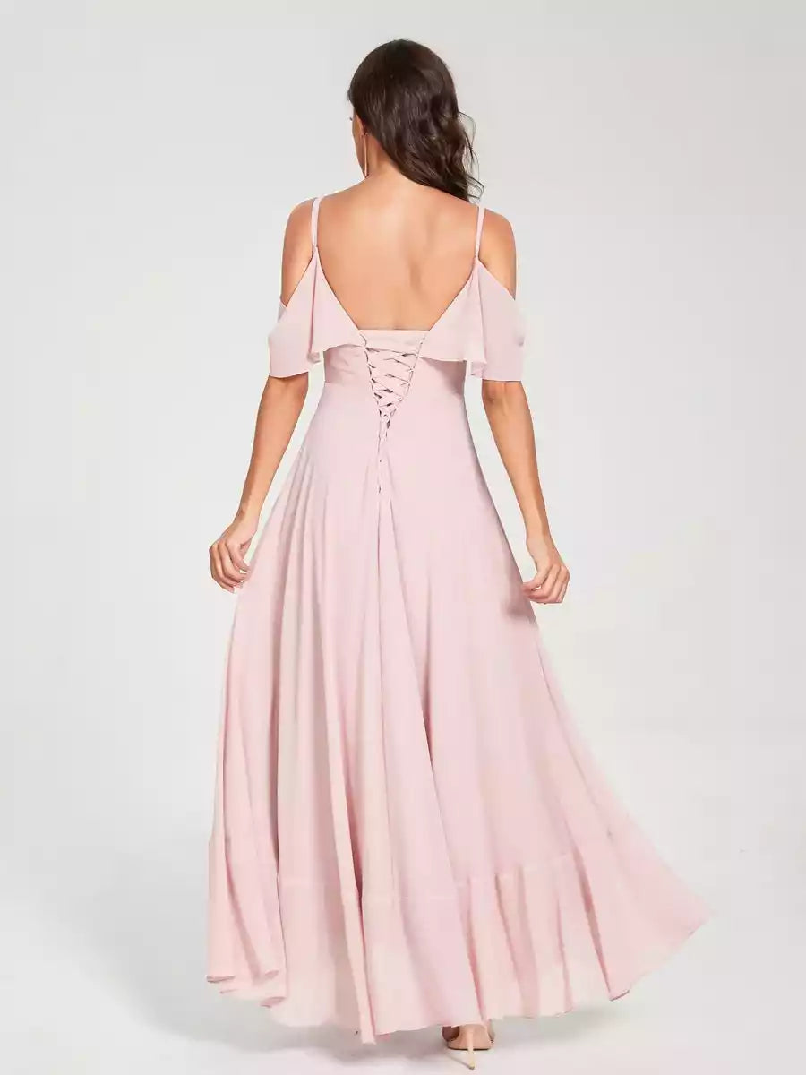 Elegant A-line/princess chiffon camisole V-neck short sleeved ruffle asymmetrical Bridesmaid Dresses