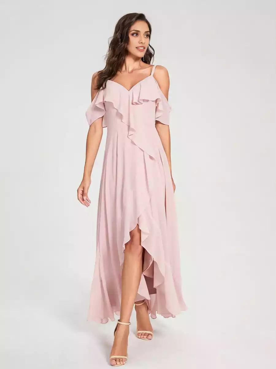 Elegant A-line/princess chiffon camisole V-neck short sleeved ruffle asymmetrical Bridesmaid Dresses