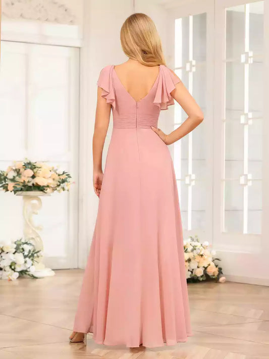 Elegant A-line/princess style V-neck long ruffled chiffon asymmetrical ruffled Bridesmaid Dresses