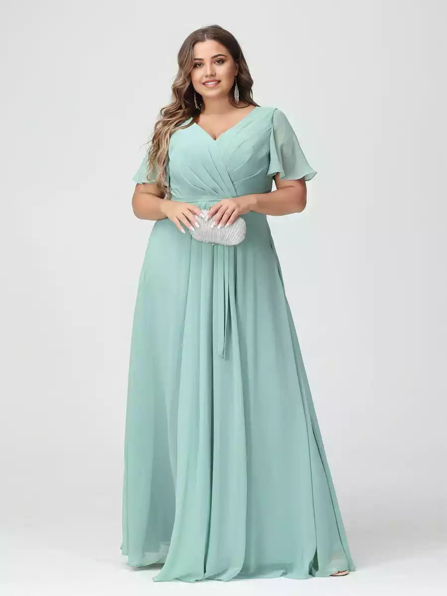 Elegantes vestidos de dama de honor de talla grande, estilo línea A/princesa, con escote en V, manga corta, gasa y abertura