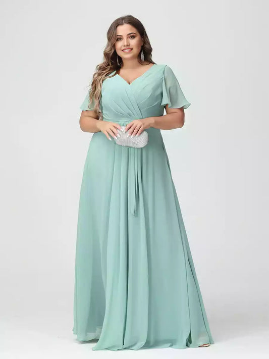 Elegant A-line/princess style V-neck short sleeved chiffon slit plus size Bridesmaid Dresses