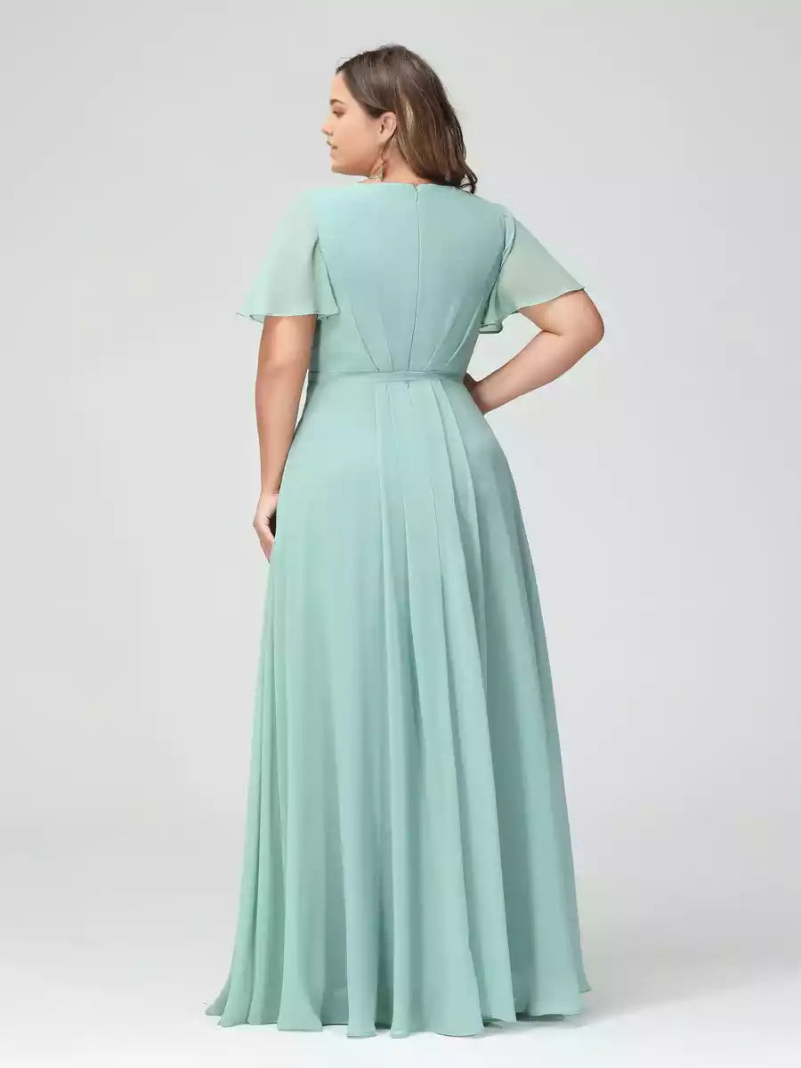 Elegantes vestidos de dama de honor de talla grande, estilo línea A/princesa, con escote en V, manga corta, gasa y abertura
