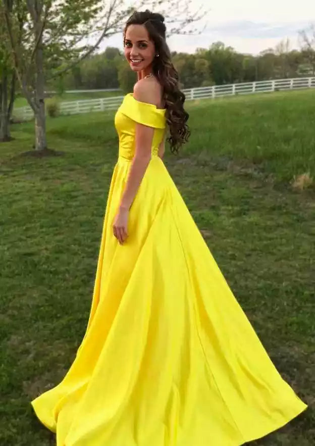 Elegantes vestidos de graduación de satén con corte en A/estilo princesa, sin hombros, sin mangas, cola larga y espalda baja
