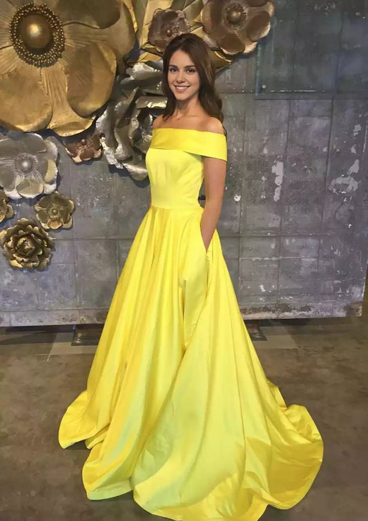 Elegant A-line/princess style off shoulder sleeveless trailing satin low back design Prom Dresses