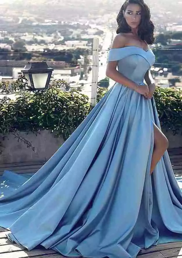 Elegant A-lineprincess style off shoulder sleeveless trailing satin pleated slit Prom Dresses