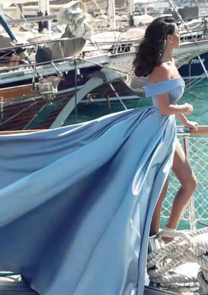 Elegant A-lineprincess style off shoulder sleeveless trailing satin pleated slit Prom Dresses