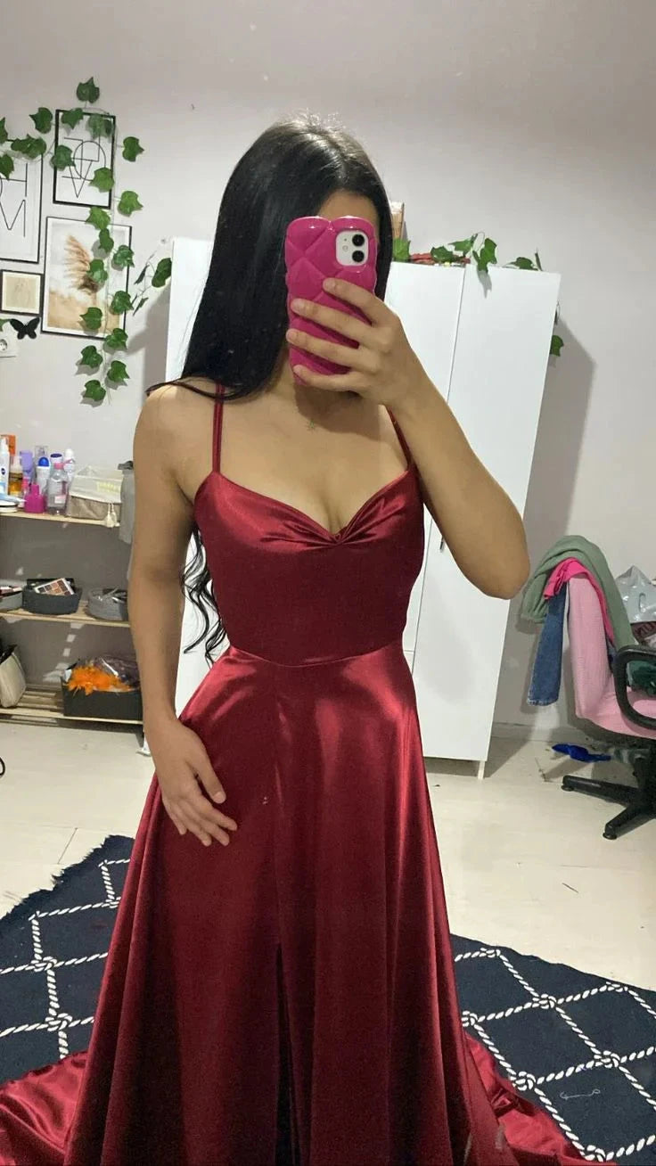 Elegant A Line Spaghetti Straps Burgundy Satin Sleeveless Long Evening Party Gowns Slit Evening Dress Special Formal Dresses Prom Dress by YiHuiw