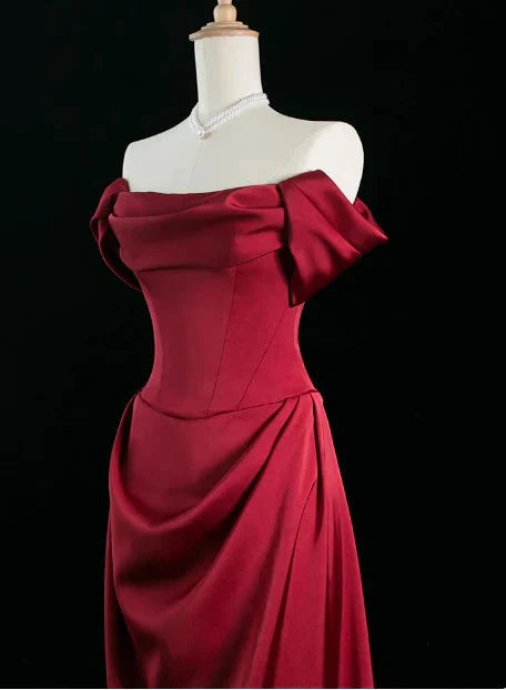 Elegant A line Off The Shoulder Burgundy Satin Prom Dresses Formal Summer Wedding Guest Dresses Wedding Guest Outfits simple gentle atmospheric and unique desi Bring summer colors to enhance whiteness by YiHuiw