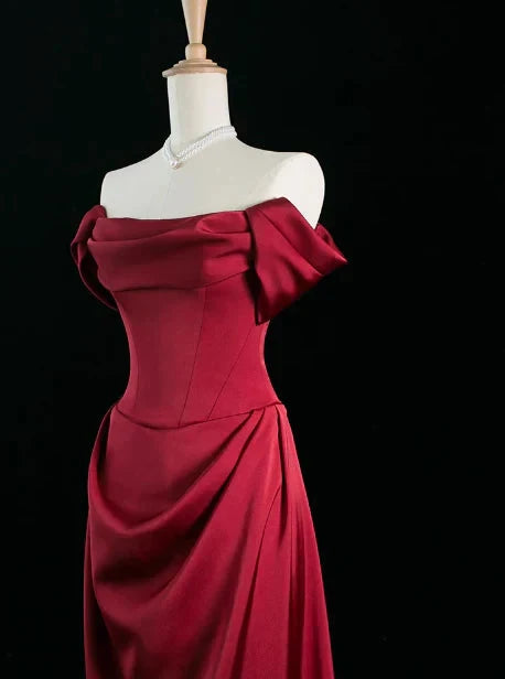 Elegant A line Off The Shoulder Burgundy Satin Prom Dresses Formal Summer Wedding Guest Dresses Wedding Guest Outfits simple gentle atmospheric and unique desi Bring summer colors to enhance whiteness by YiHuiw