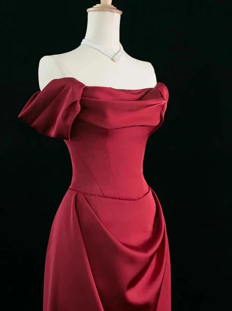 Elegant A line Off The Shoulder Burgundy Satin Prom Dresses Formal Summer Wedding Guest Dresses Wedding Guest Outfits simple gentle atmospheric and unique desi Bring summer colors to enhance whiteness by YiHuiw