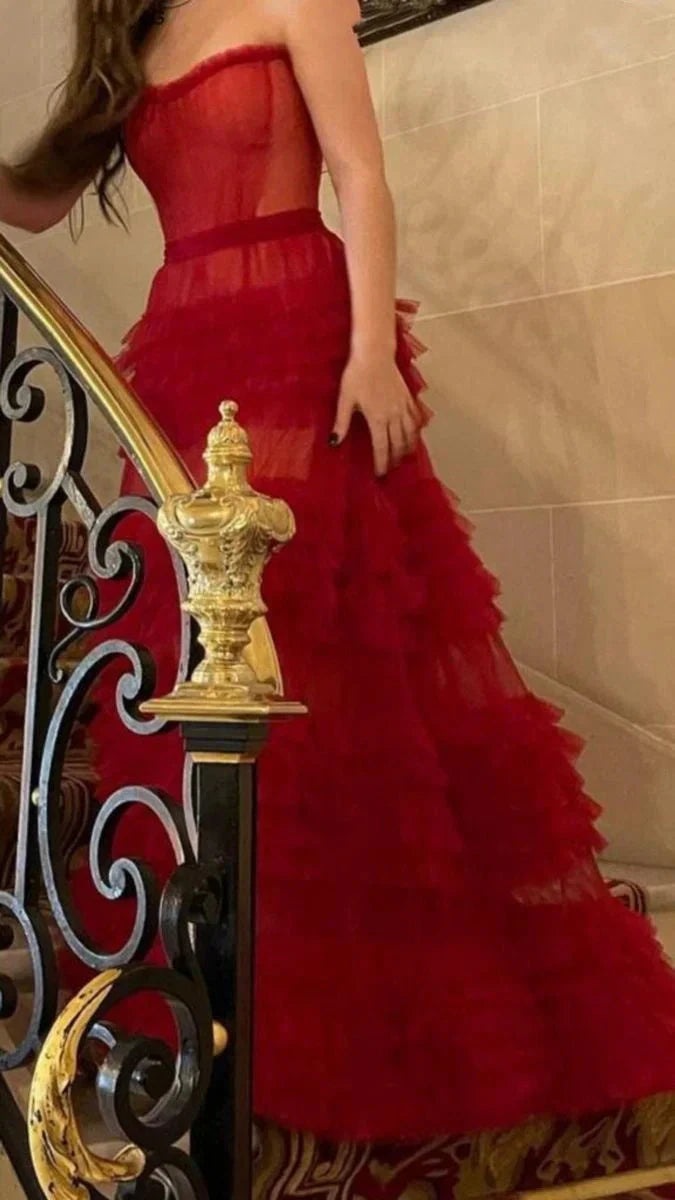 Elegant A line Sweetheart Red Tulle Long Prom Dresses Party Dress 21st Birthday Outfits Graduation Dresses by YiHuiw