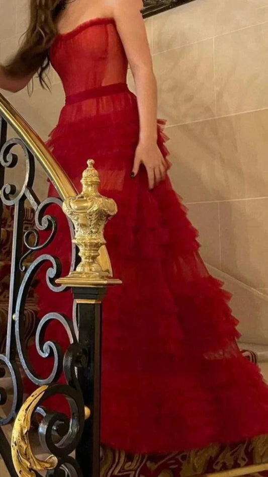 Elegant A line Sweetheart Red Tulle Long Prom Dresses Party Dress 21st Birthday Outfits Graduation Dresses by YiHuiw
