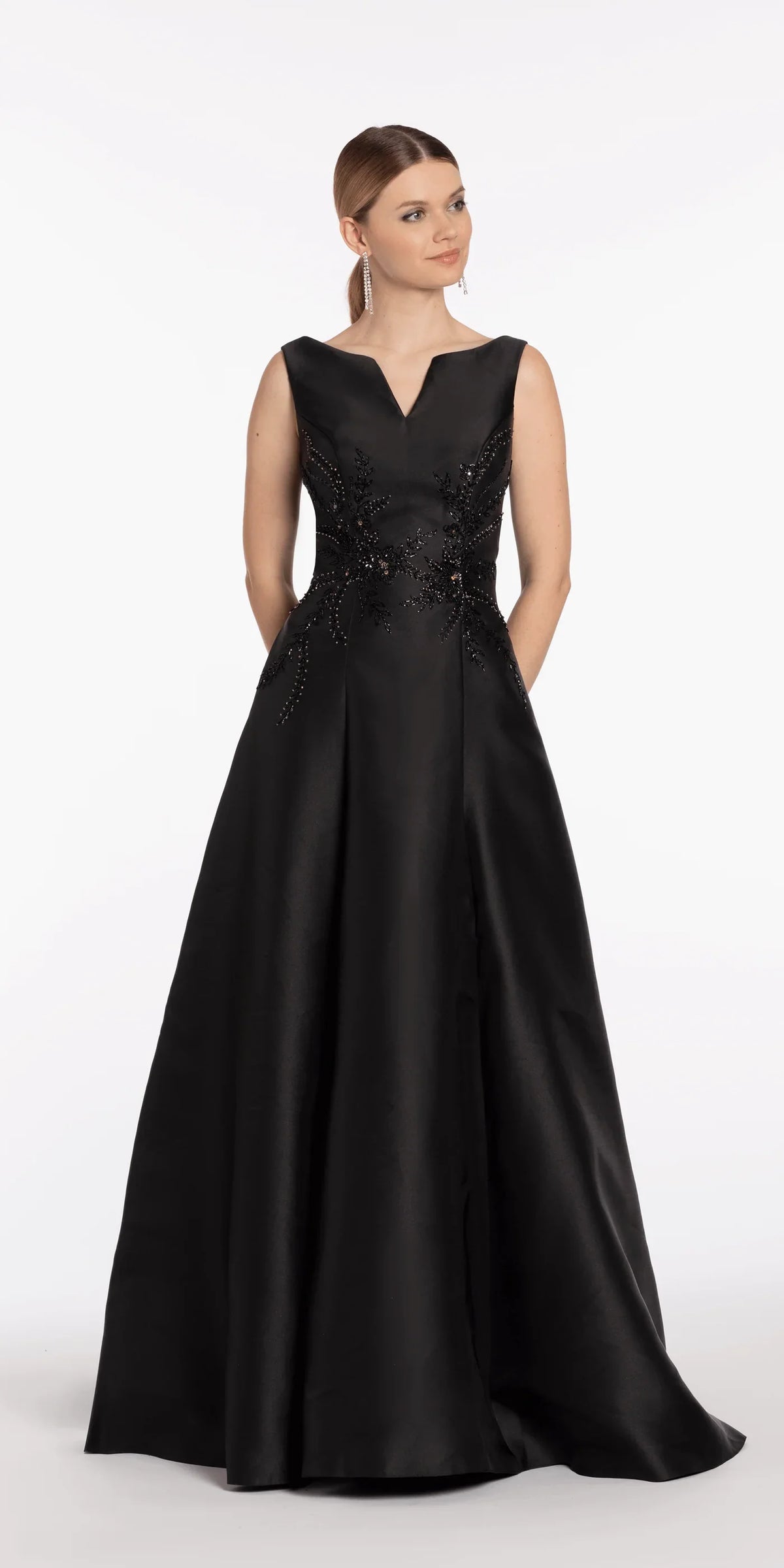 Elegante vestido de gala con escote en V, sin mangas, pedrería, apliques florales, espalda y cola, vestido de noche