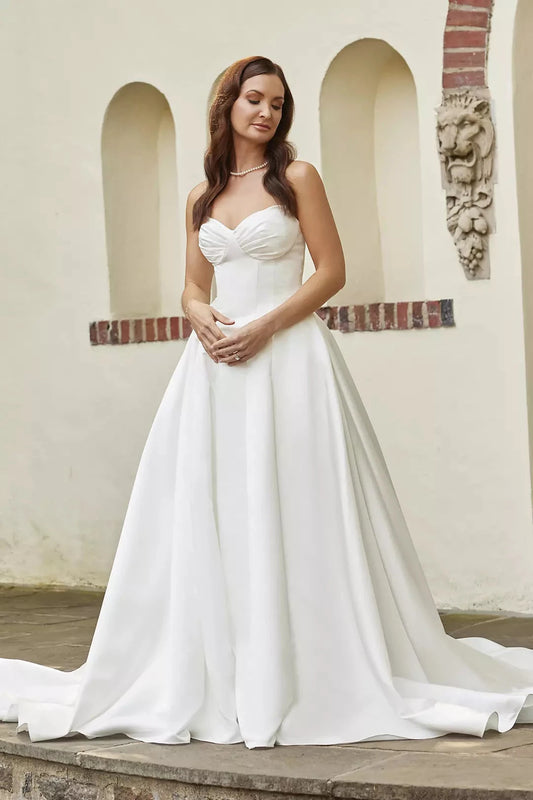 Elegant Ballgown Sweetheart Strapless Pearl-Button Back Train Wedding Dress by YiHuiw