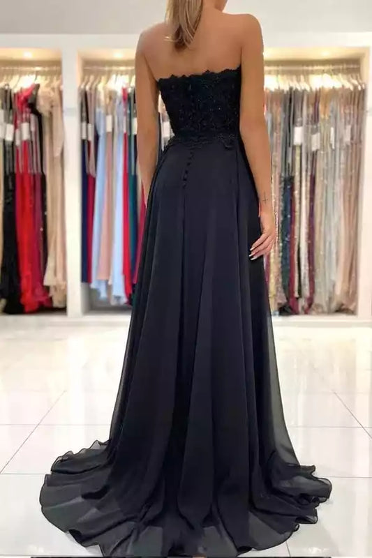 Elegant Black Chiffon A-Line Dress with Lace Sweetheart Bodice & High Slit