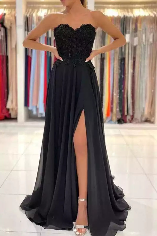 Elegant Black Chiffon A-Line Dress with Lace Sweetheart Bodice & High Slit