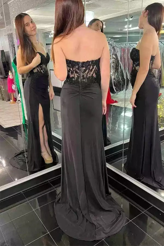 Elegant Black Lace & Jersey Mermaid Dress with Sweetheart Neck & Open Back