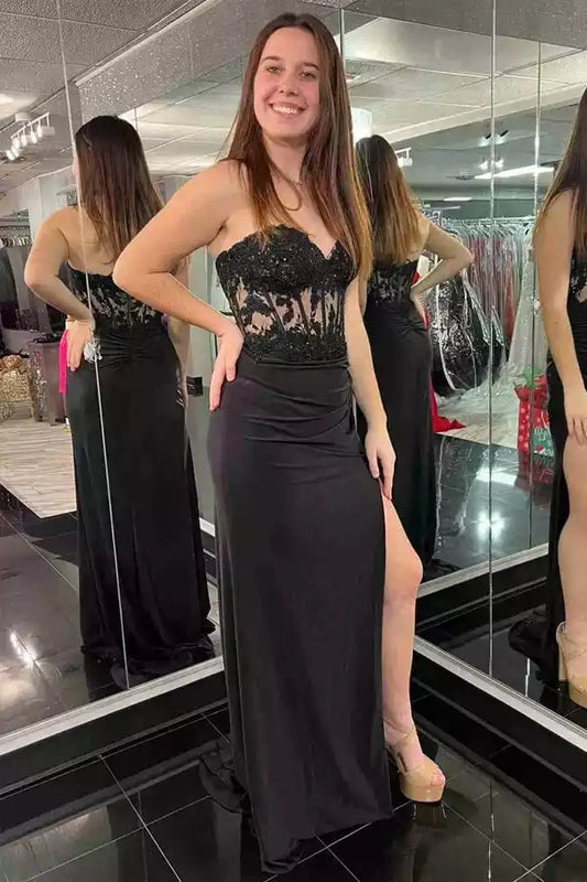 Elegant Black Lace & Jersey Mermaid Dress with Sweetheart Neck & Open Back