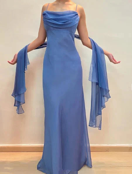 Elegant Blue Chiffon Sheath Prom Dress Party Gown simple gentle atmospheric and unique desi Bring summer colors to enhance whiteness by YiHuiw