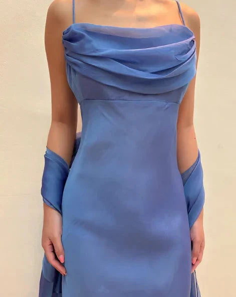 Elegant Blue Chiffon Sheath Prom Dress Party Gown simple gentle atmospheric and unique desi Bring summer colors to enhance whiteness by YiHuiw