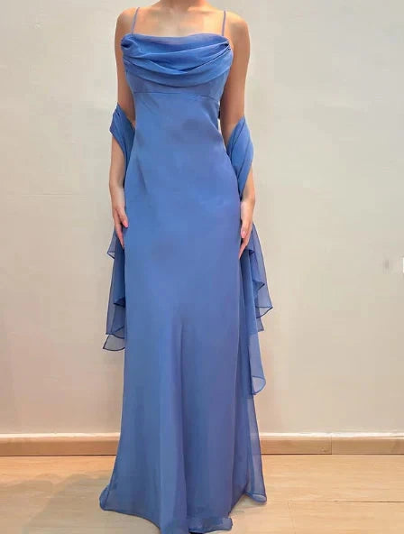 Elegant Blue Chiffon Sheath Prom Dress Party Gown simple gentle atmospheric and unique desi Bring summer colors to enhance whiteness by YiHuiw