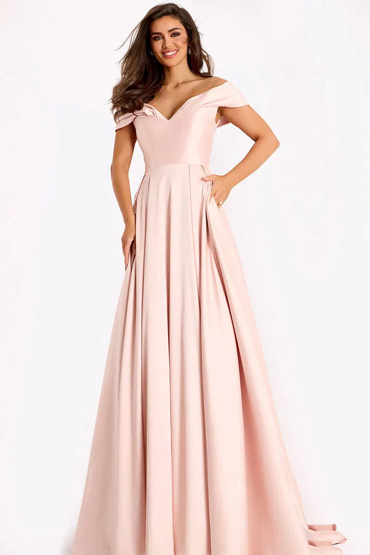 Elegant Blush Pink Satin Evening Dress with Off-the-Shoulder Neck, Sweetheart Bust and A-Line Silhouette with Pockets