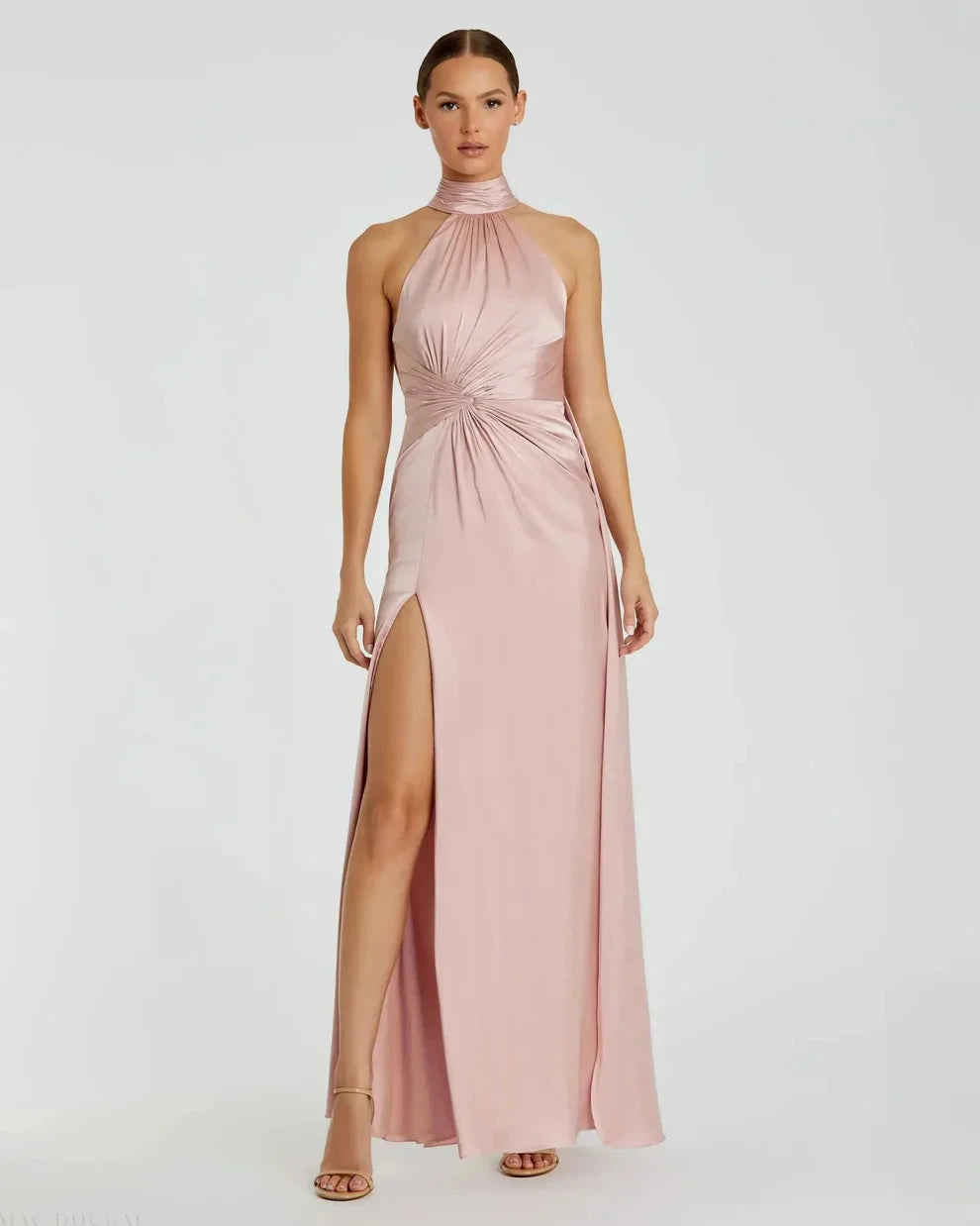 Elegant Blush Satin Mermaid Gown Halter Neck Sleeveless Zipper Back High Slit Floor-Length Evening Dresses by LANQI DRESS