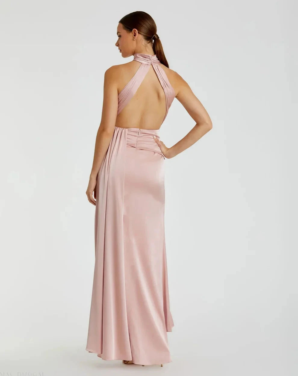 Elegant Blush Satin Mermaid Gown Halter Neck Sleeveless Zipper Back High Slit Floor-Length Evening Dresses by LANQI DRESS