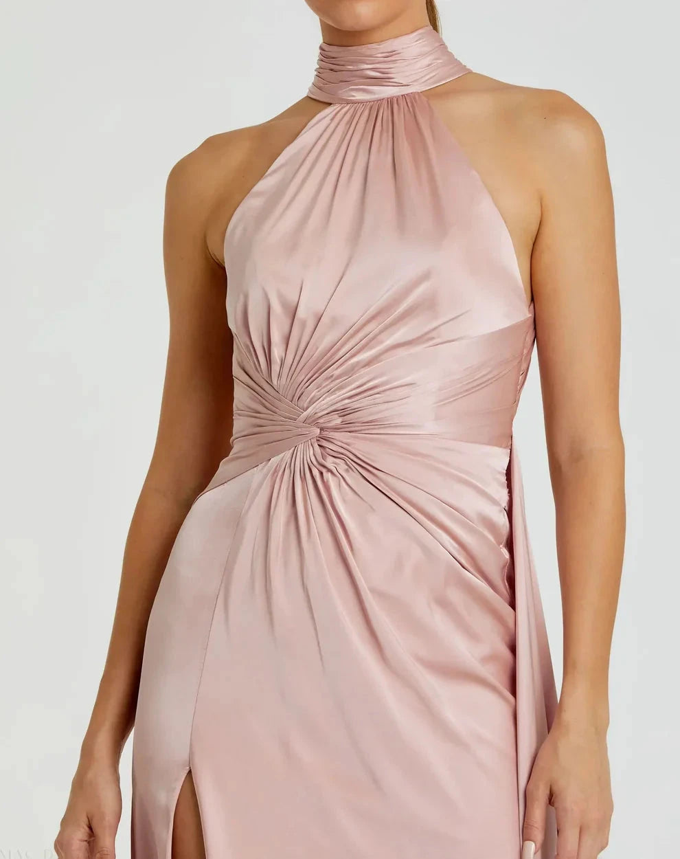 Elegant Blush Satin Mermaid Gown Halter Neck Sleeveless Zipper Back High Slit Floor-Length Evening Dresses by LANQI DRESS